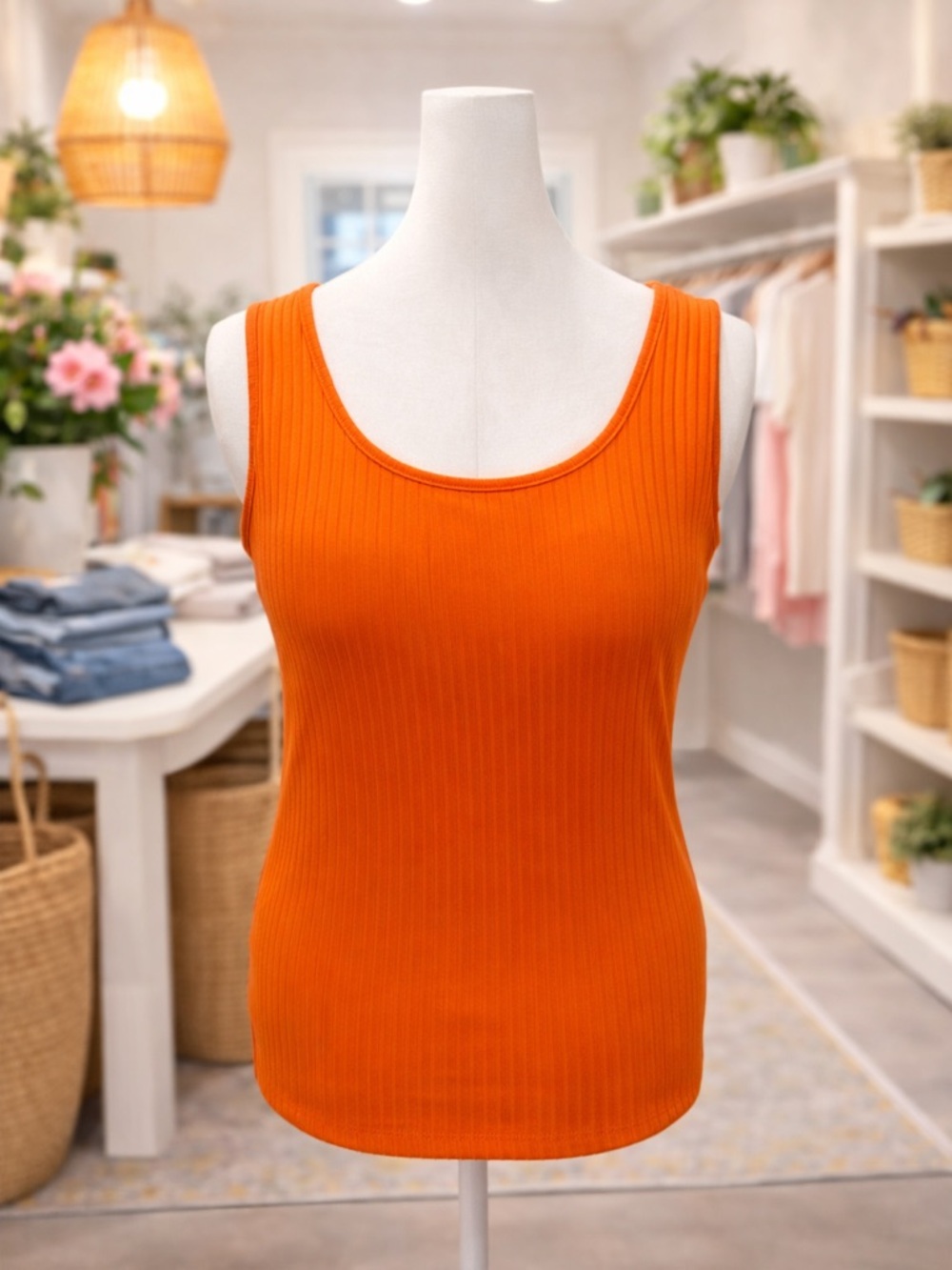 White Birch Orange Ribbed Tank Built In Bra Stretch L 1X